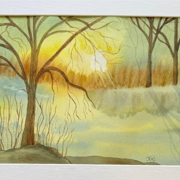 Painting Watercolor Sunrise Trees Pond Landscape Original Art 11x14 & Mat 16x20